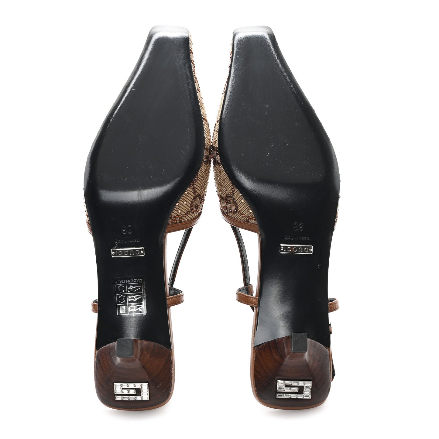 GG Monogram Malaga Kid Crystal Square G 35mm Slingback Pumps 36 Camel Ebony Cuir