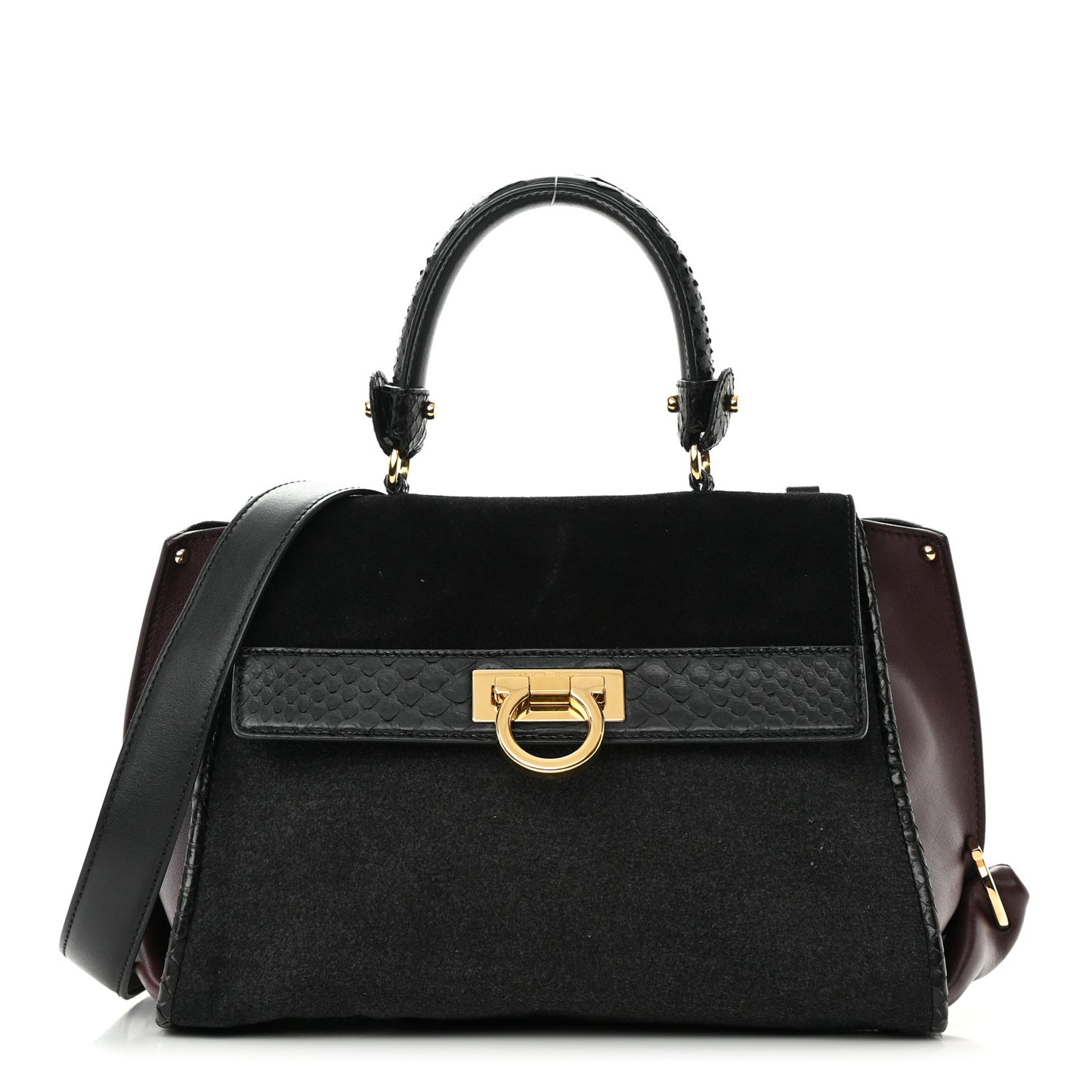 Calfskin Suede Snakeskin Small Sofia Satchel Black Burgundy