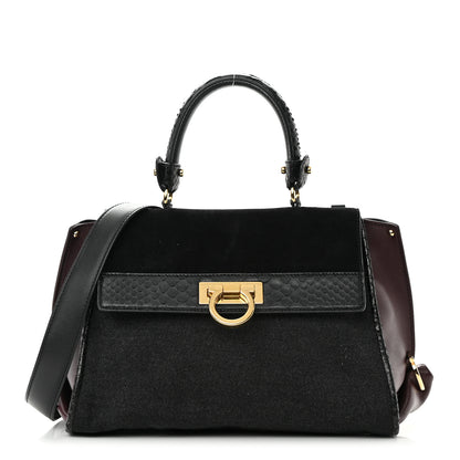 Salvatore Ferragamo Calfskin Suede Snakeskin Small Sofia Satchel Black Burgundy 1 of 22