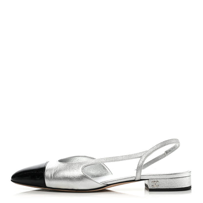 Chanel Metallic Goatskin Patent Calfskin Cap Toe CC Slingback Flats 38 Black Silver 1 of 8