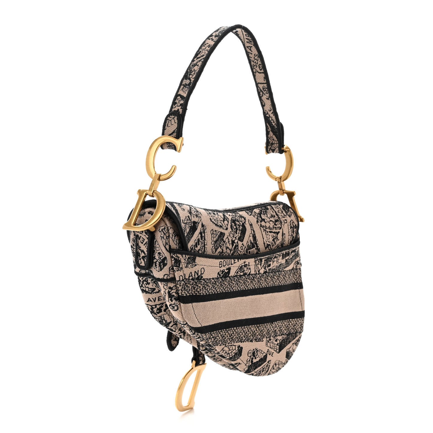 Canvas Embroidered Plan De Paris Printed Saddle Bag Beige Black