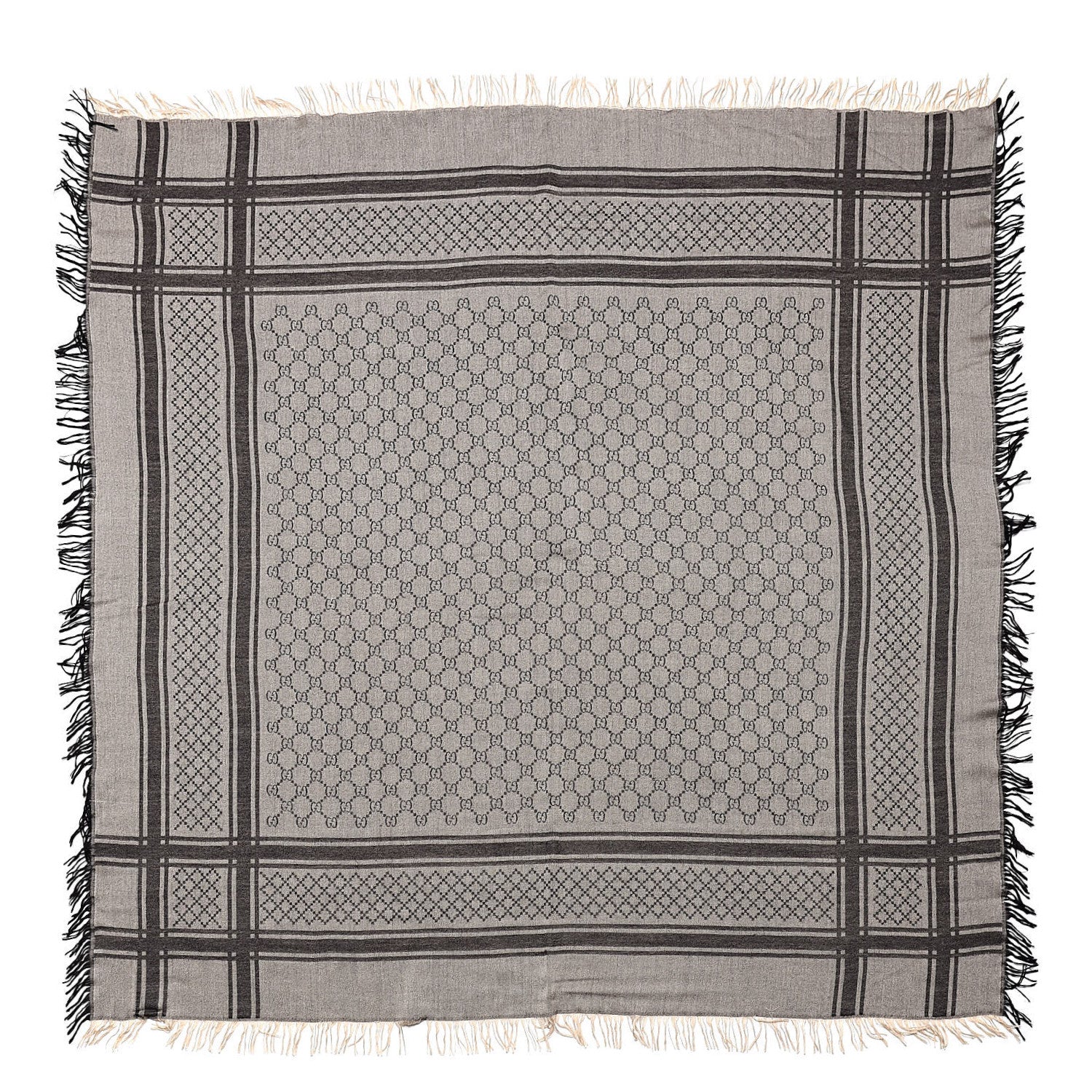 Gucci Wool Silk GG Monogram Diamante Plaid Surviee Shawl Beige Dark Brown 1 of 4