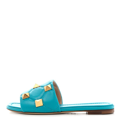 Valentino Garavani Nappa Roman Stud Flat Slide Sandals 36 Sky Fall 1 of 9