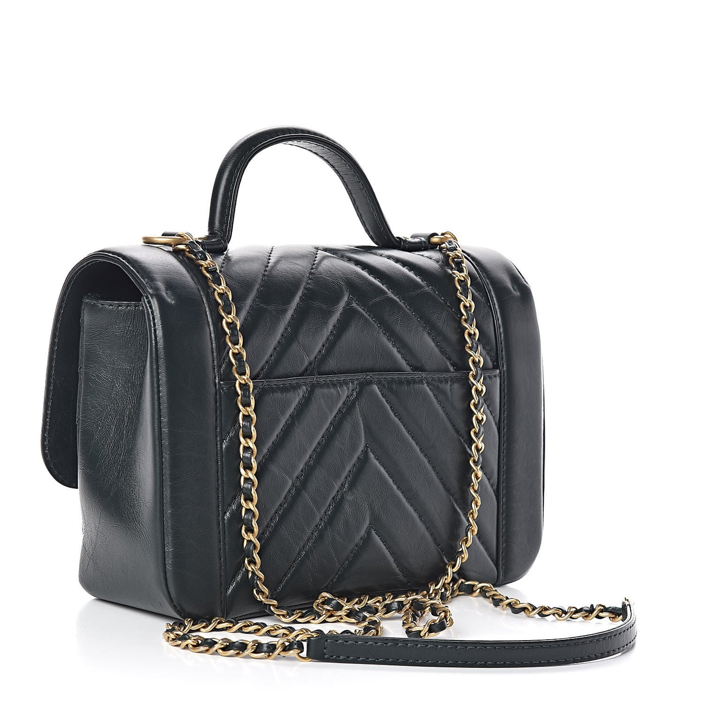 Calfskin Chevron Quilted Top Handle Flap Green