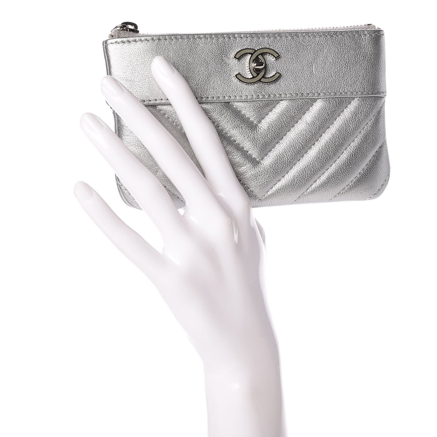 Metallic Sheepskin Chevron Quilted Small Vintage Mademoiselle Cosmetic Case Silver