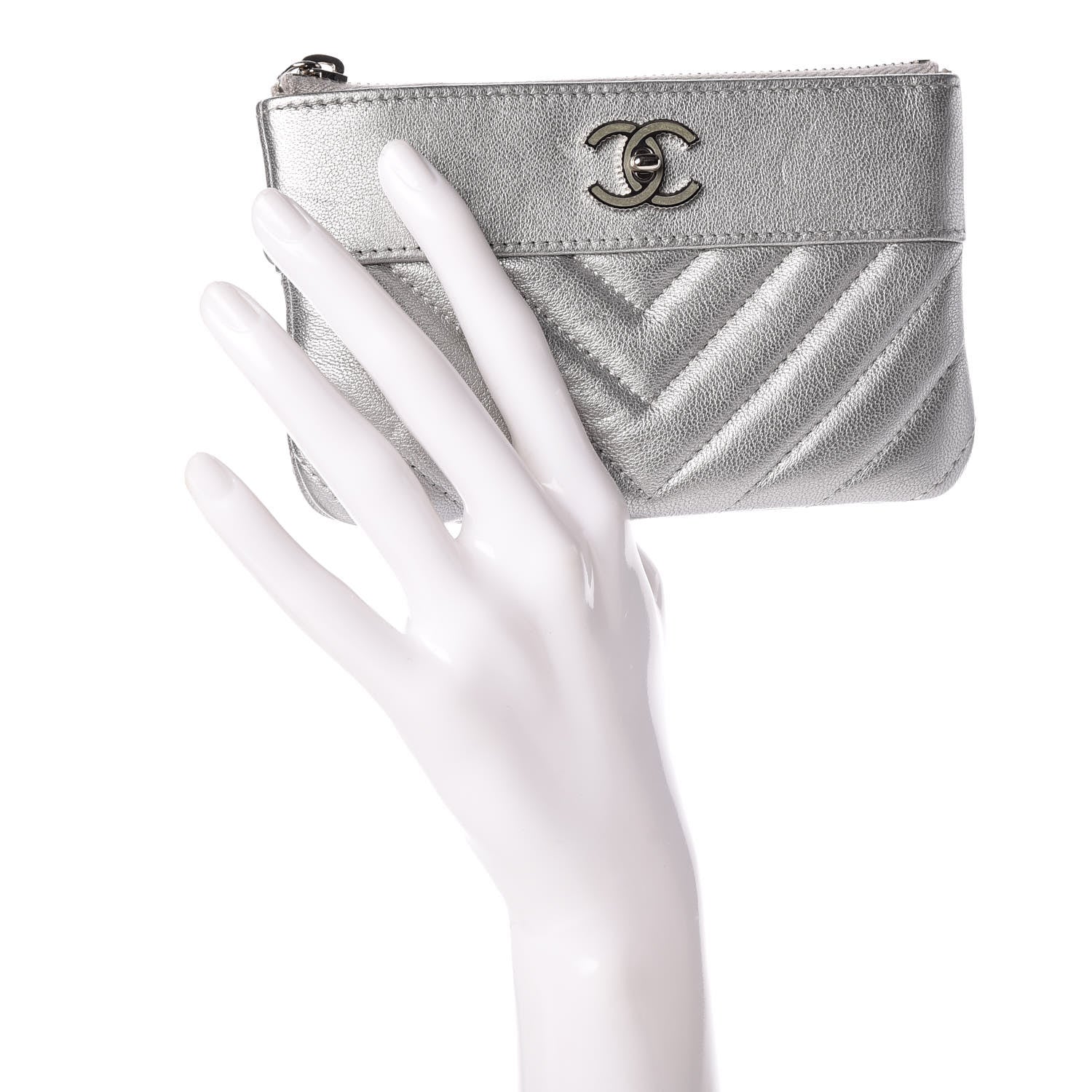 Chanel Metallic Sheepskin Chevron Quilted Small Vintage Mademoiselle Cosmetic Case Silver 2 of 12