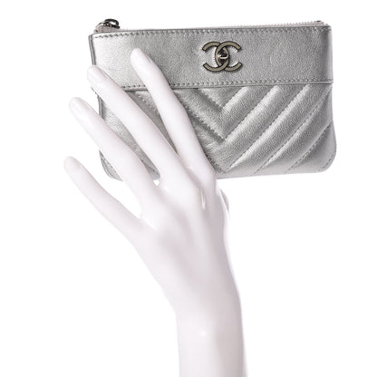 Chanel Metallic Sheepskin Chevron Quilted Small Vintage Mademoiselle Cosmetic Case Silver 2 of 12