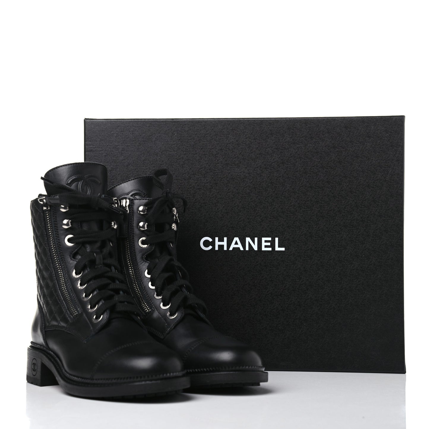 Calfskin Quilted Lace Up Combat Boots 38 Black