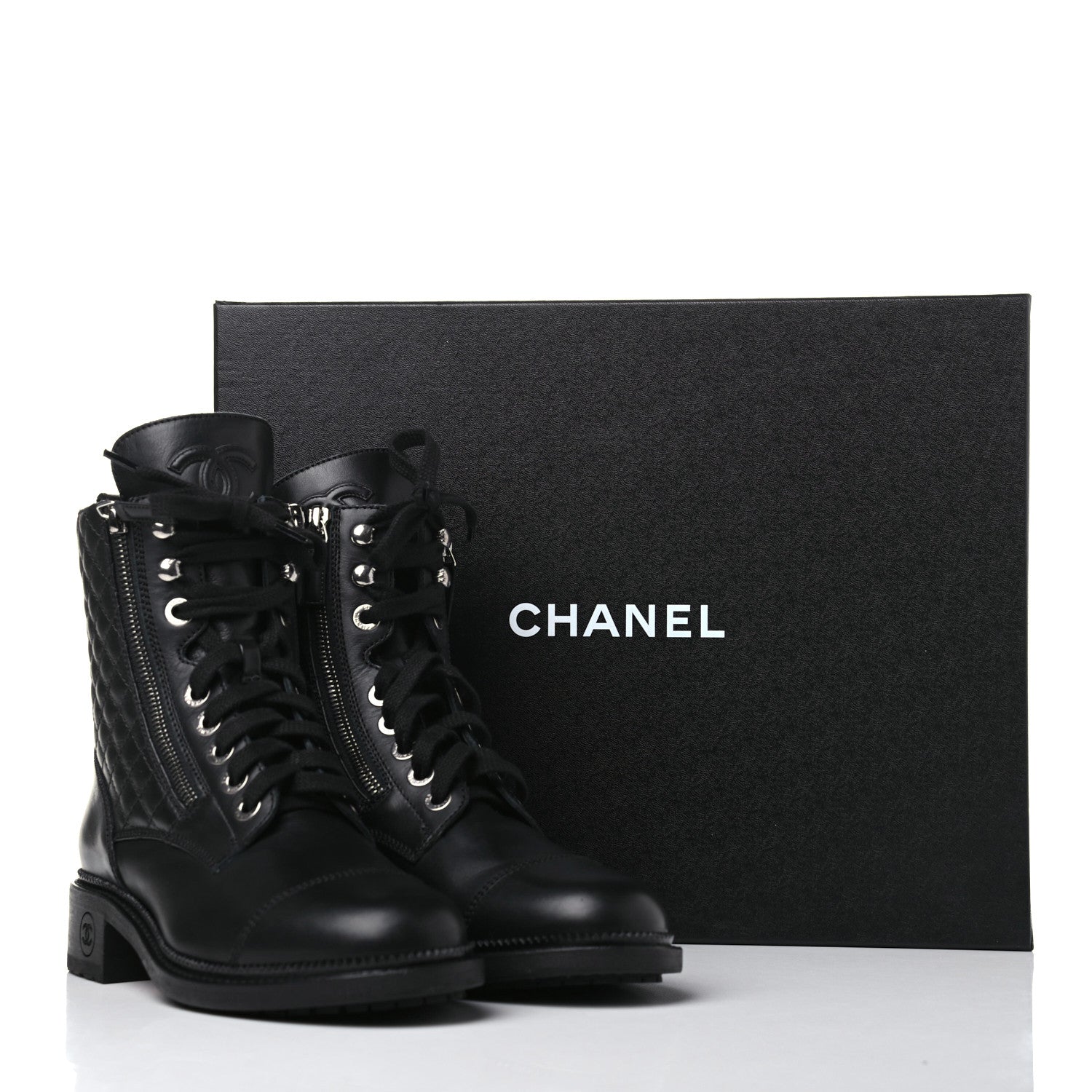 Chanel Calfskin Quilted Lace Up Combat Boots 38 Black 8 of 8