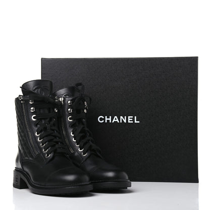 Chanel Calfskin Quilted Lace Up Combat Boots 38 Black 8 of 8