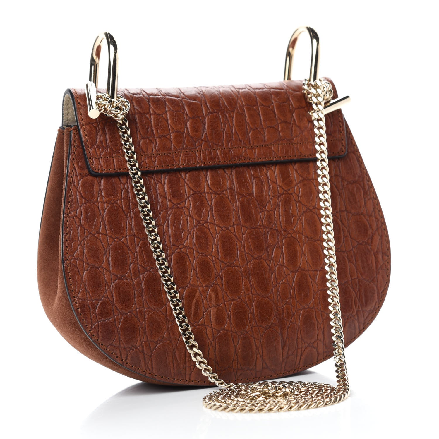 Chloe Calfskin Crocodile Embossed Drew Shoulder Bag Mahogany 3 of 9