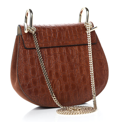 Chloe Calfskin Crocodile Embossed Drew Shoulder Bag Mahogany 3 of 9