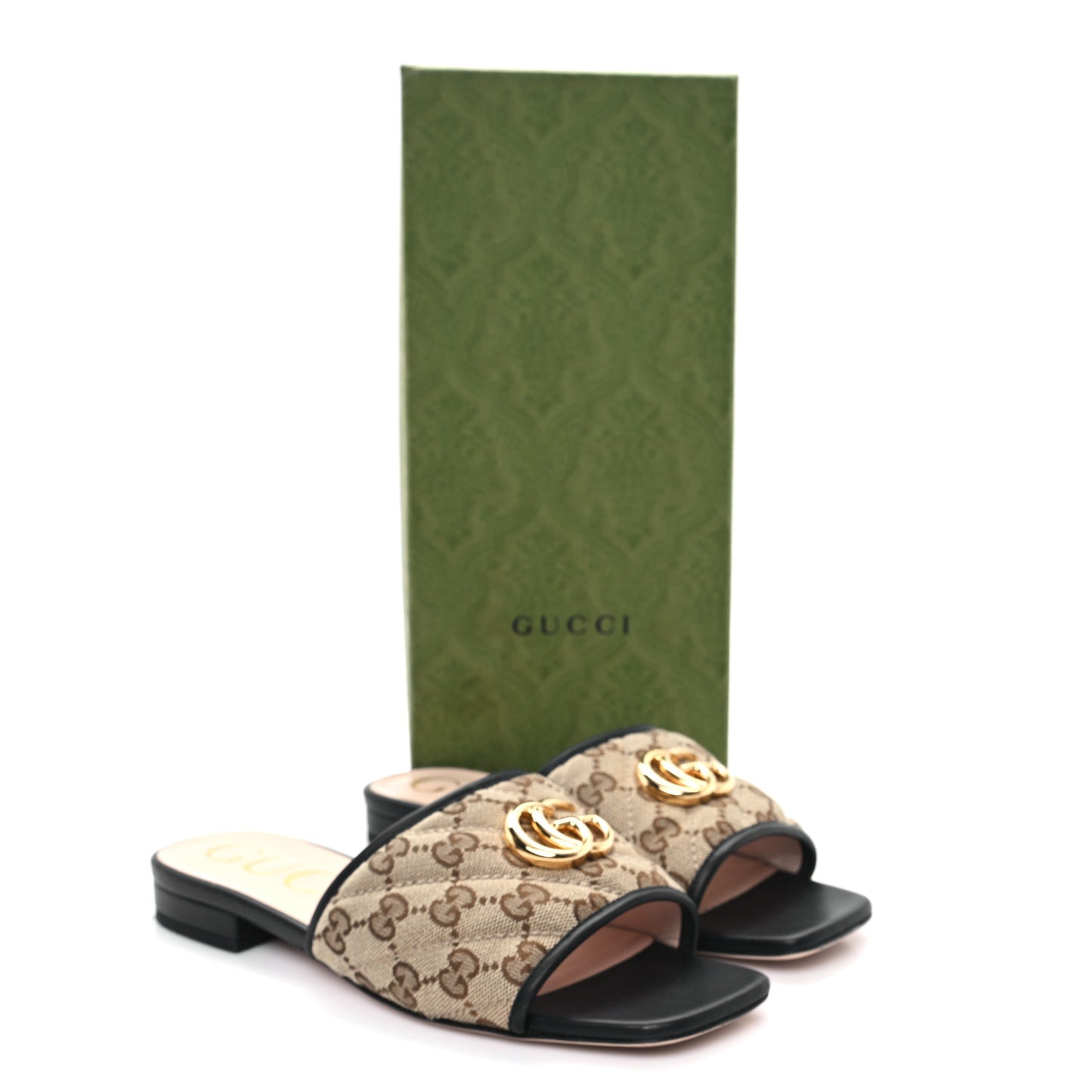 Monogram Matelasse Diagonal GG Marmont Flat Slide Sandals 37.5 Beige Ebony Black