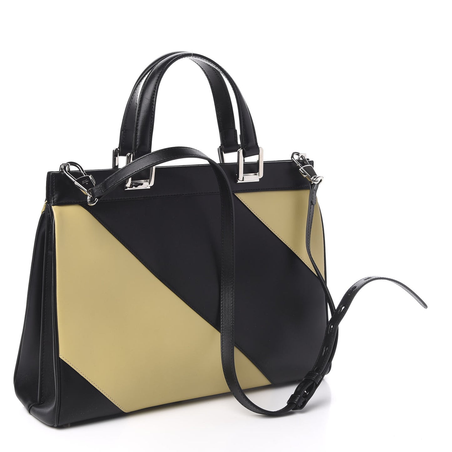 Smooth Calfskin Diagonal Striped Medium Zumi Top Handle Bag Black Beige