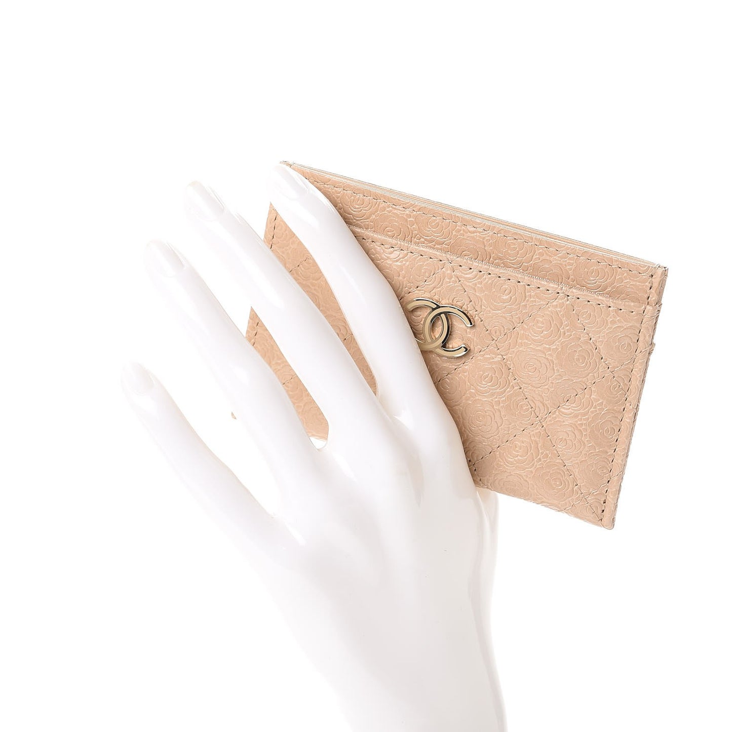 Camellia Calfskin Embossed Quilted Card Holder Beige