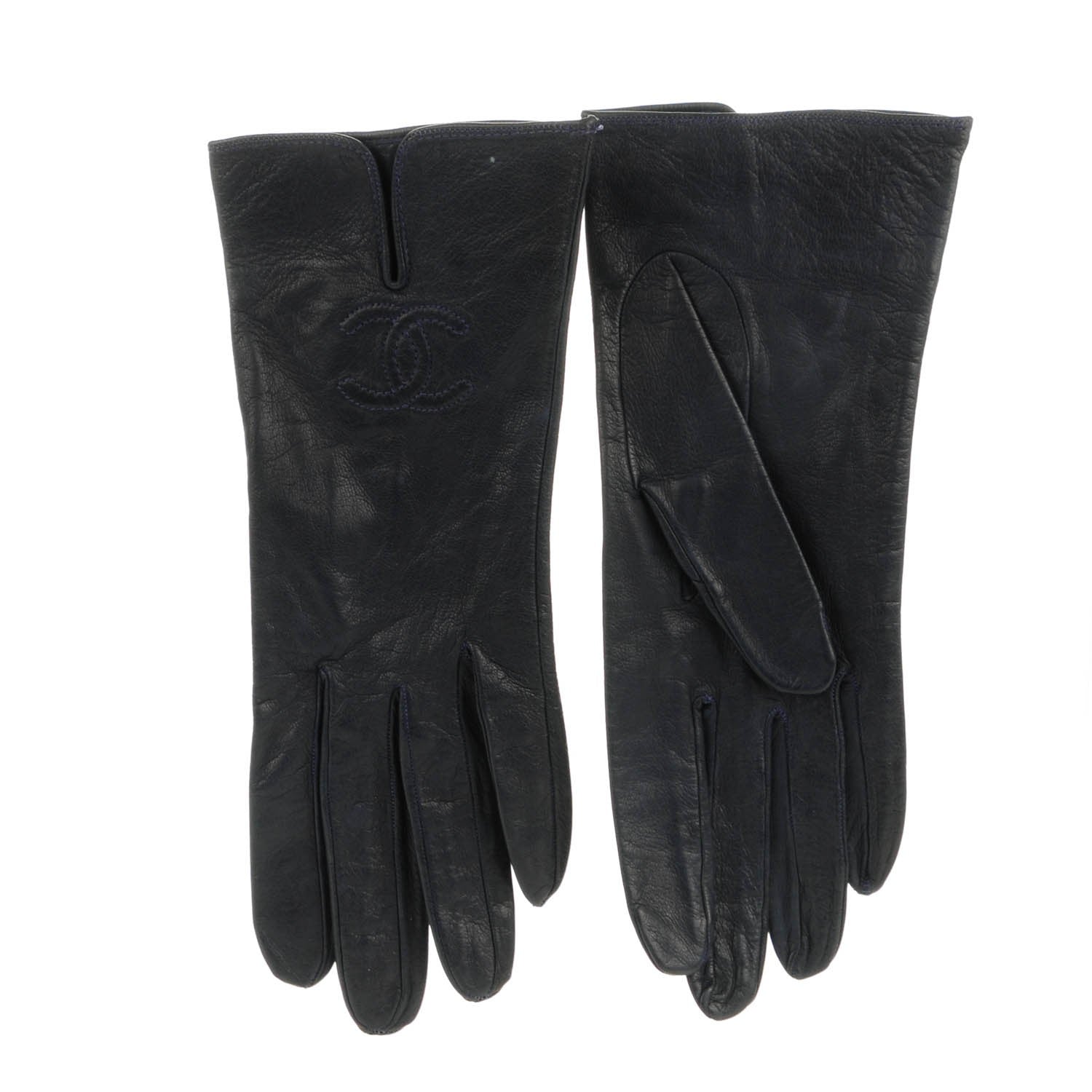 Chanel Goatskin CC Gloves 7.5 Navy Blue 2 of 5