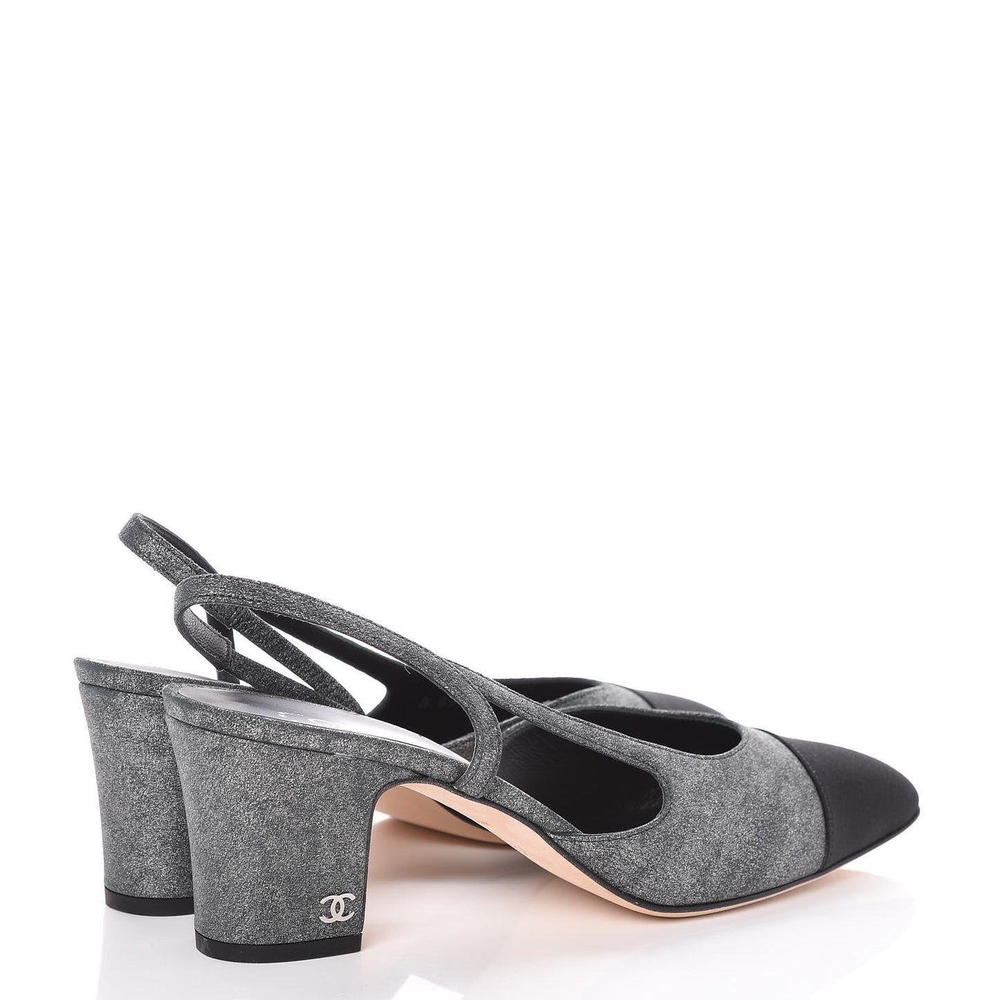 Metallic Lambskin Grosgrain Cap Toe CC Slingback Pumps 40.5 Silver Black
