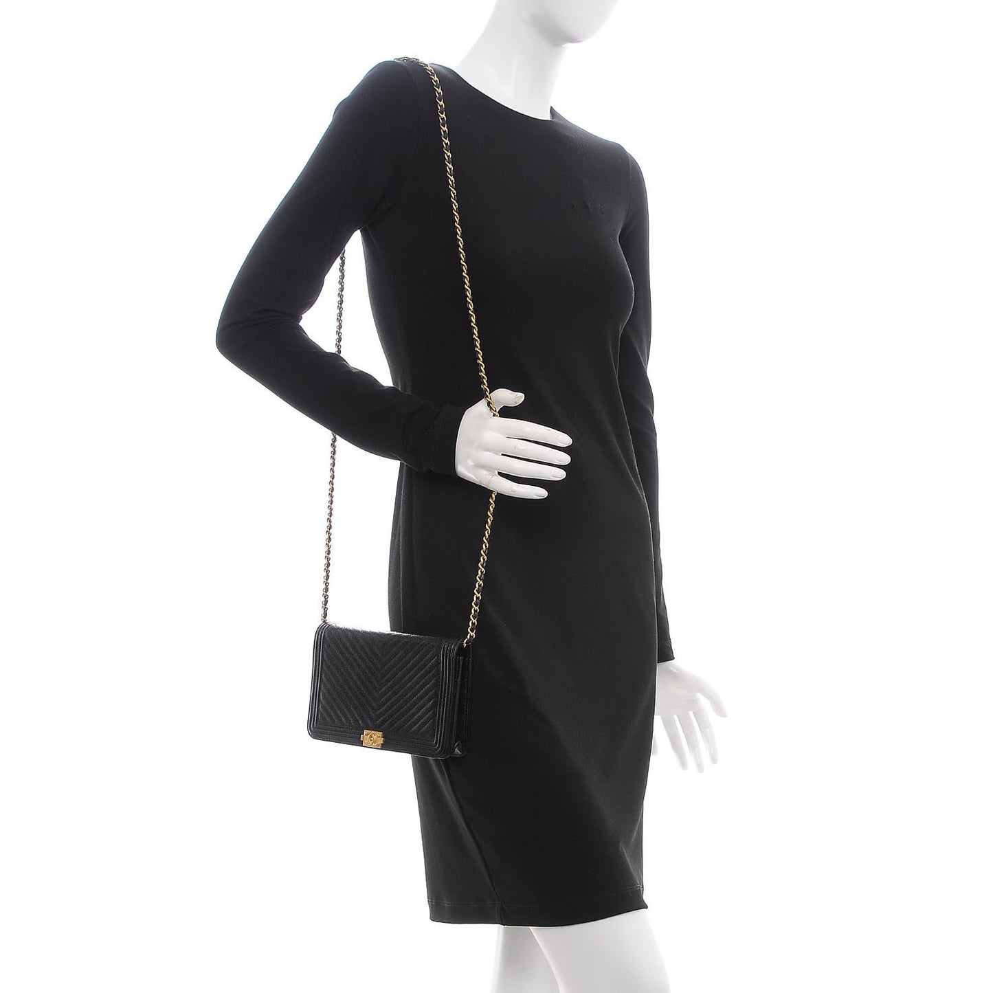 Caviar Chevron Quilted Boy Wallet On Chain WOC Black