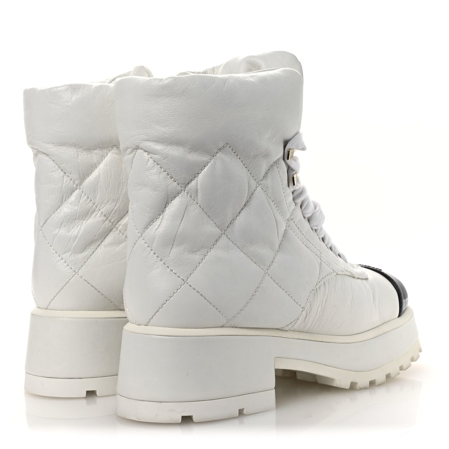 Crumpled Patent Lambskin Calfskin Quilted Lace Up Combat Boots 37 White Black