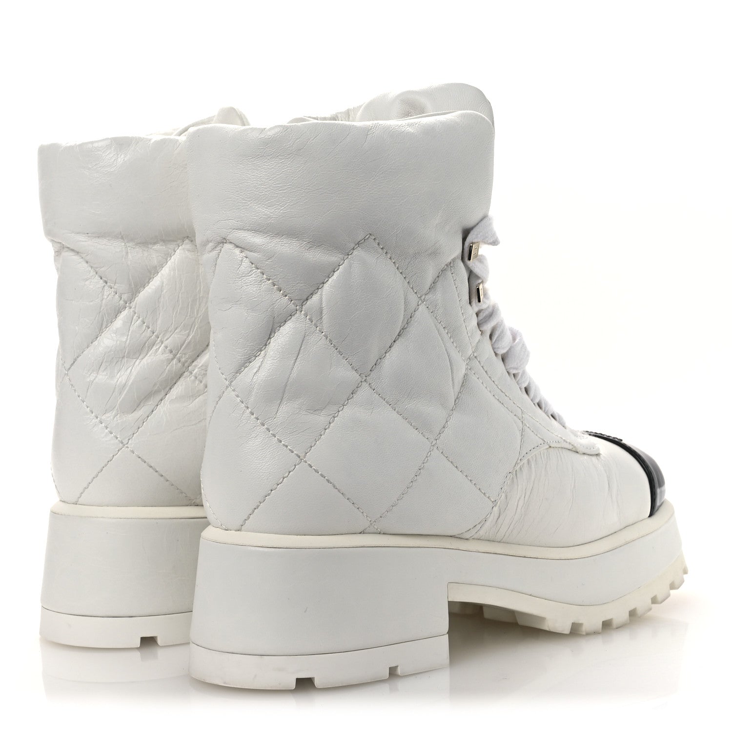 Chanel Crumpled Patent Lambskin Calfskin Quilted Lace Up Combat Boots 37 White Black 5 of 10