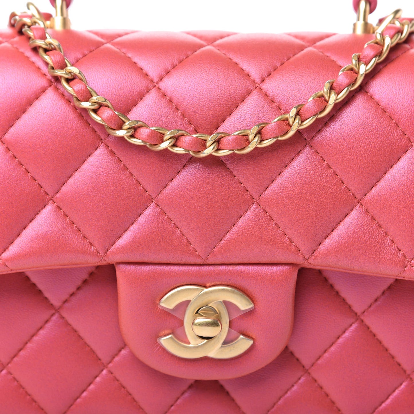 Iridescent Lambskin Quilted Mini Top Handle Rectangular Flap Red