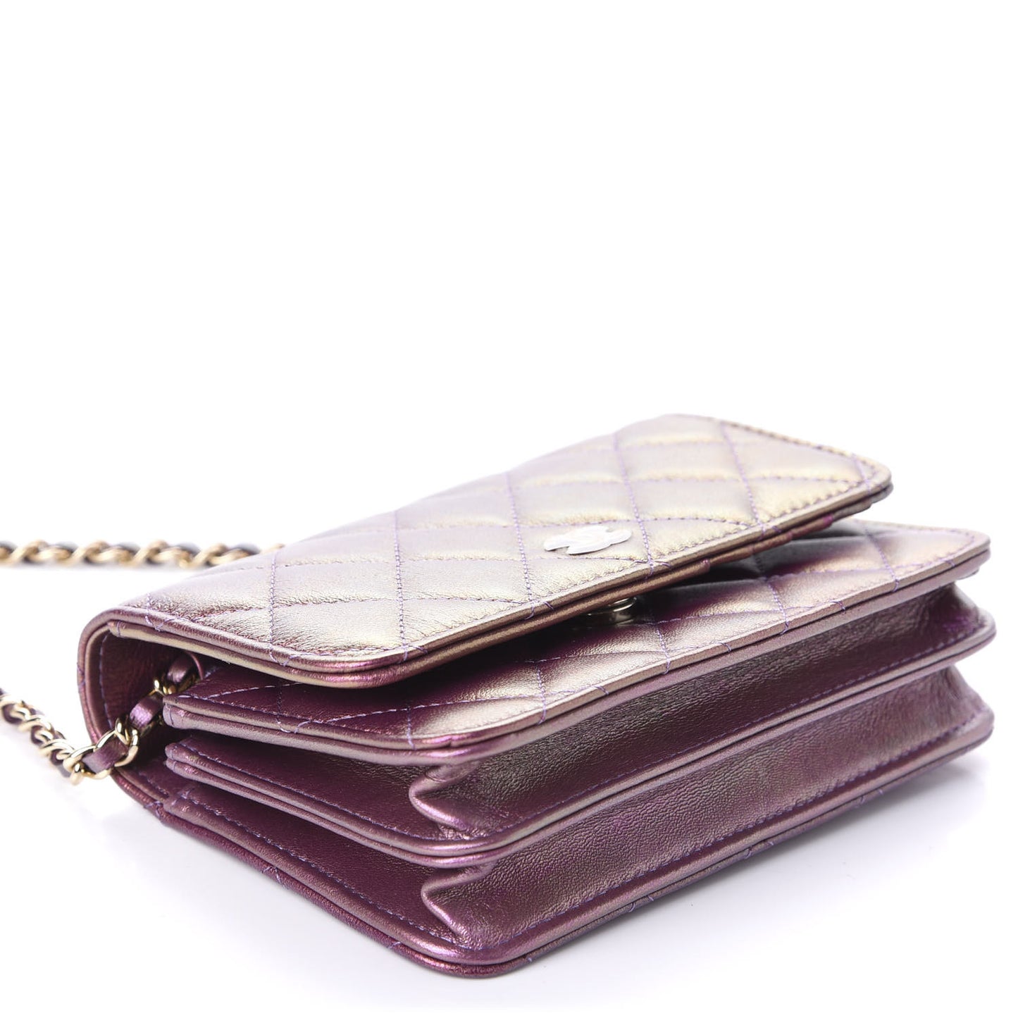 Iridescent Lambskin Quilted Mini Wallet On Chain WOC Purple