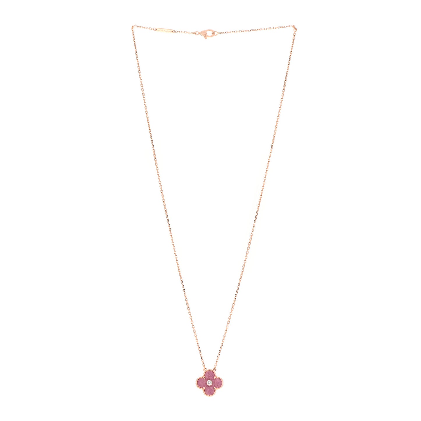 18K Rose Gold Diamond Rhodonite Vintage Alhambra Pendant Necklace
