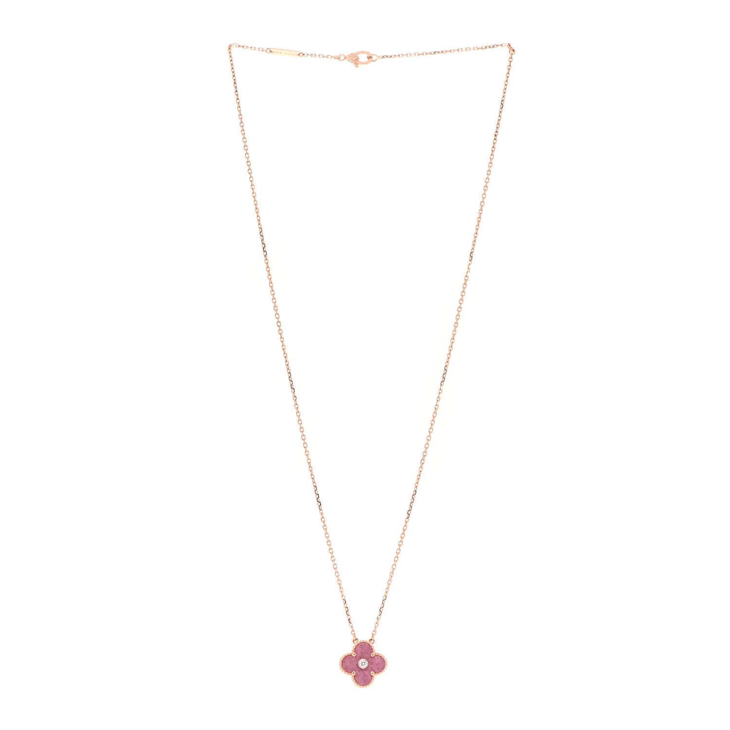 Van Cleef & Arpels 18K Rose Gold Diamond Rhodonite Vintage Alhambra Pendant Necklace 3 of 7