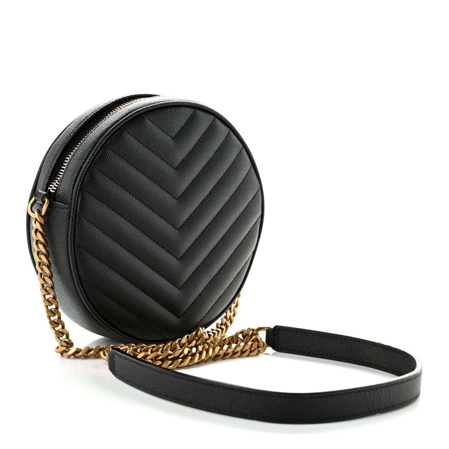 Saint Laurent Grain De Poudre Matelasse Chevron Quilted Round Vinyle Camera Bag Black 3 of 11
