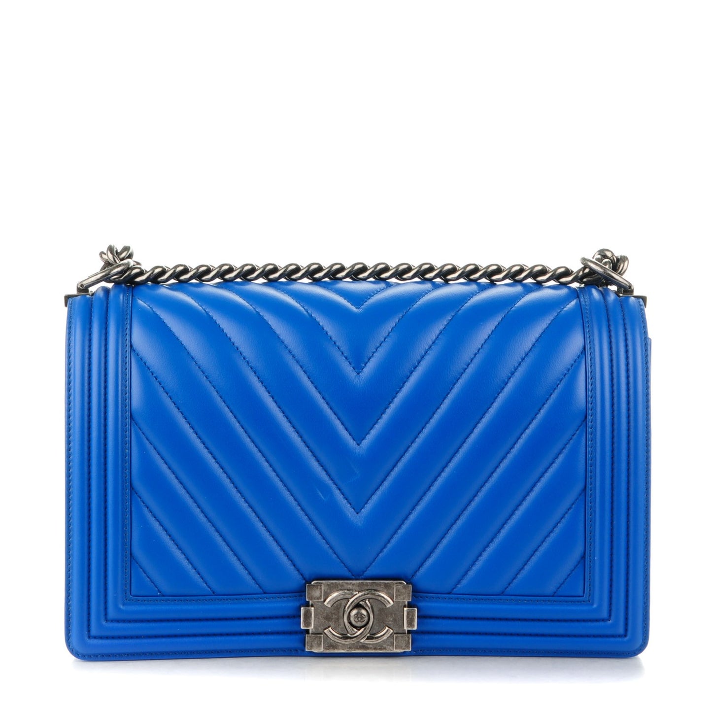 Calfskin Chevron Quilted Medium Boy Flap Bright Blue