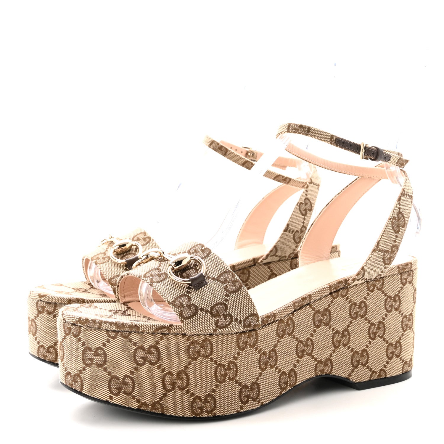 Gucci Monogram Nappa Chalotte Horsebit Ankle Strap 75mm Flatform Sandals 39.5 Beige Ebony 4 of 9