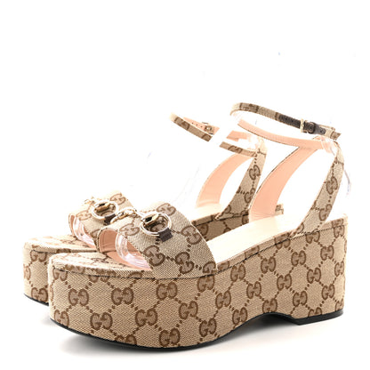 Gucci Monogram Nappa Chalotte Horsebit Ankle Strap 75mm Flatform Sandals 39.5 Beige Ebony 4 of 9