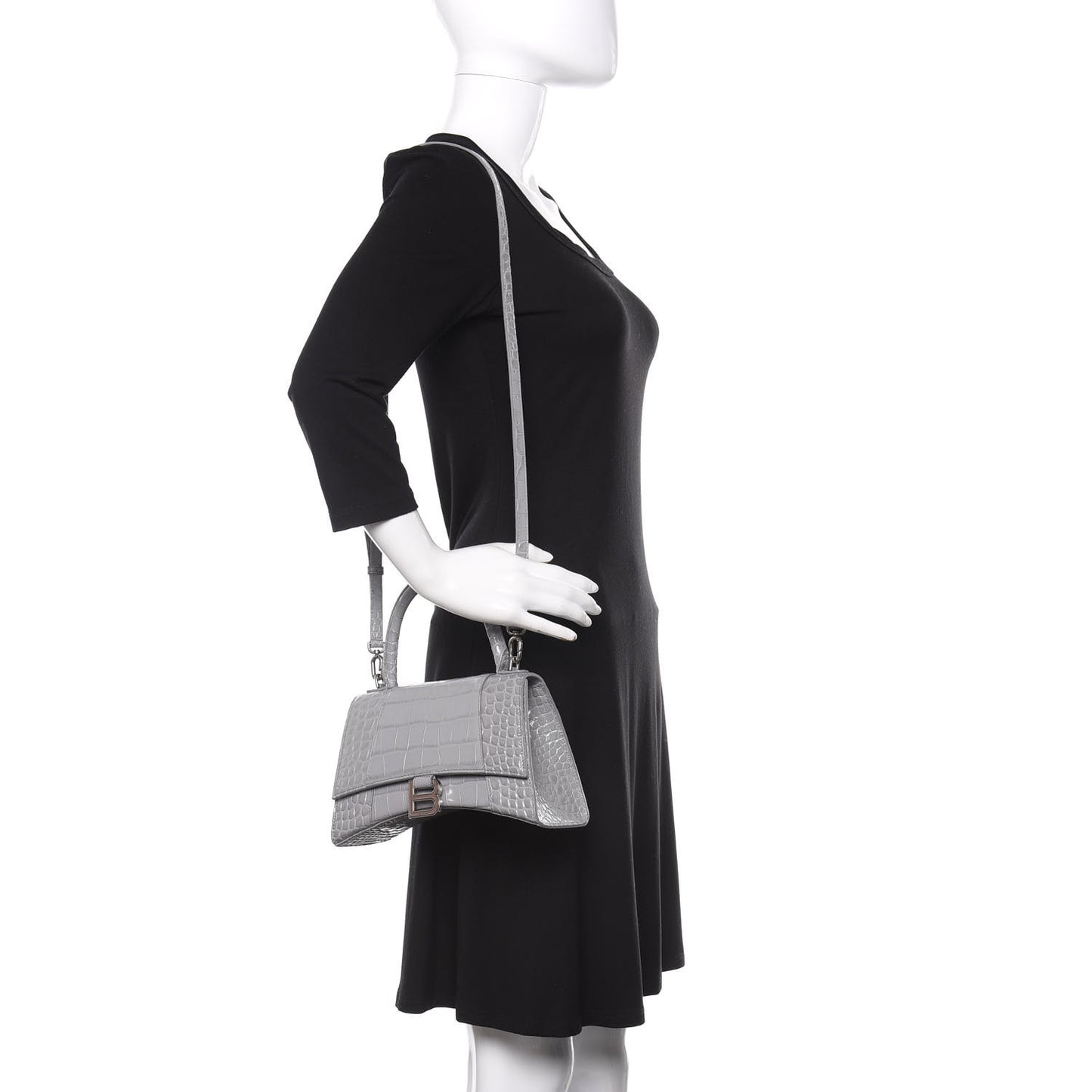 Shiny Calfskin Crocodile Embossed Small Hourglass Top Handle Bag Balenciaga Grey