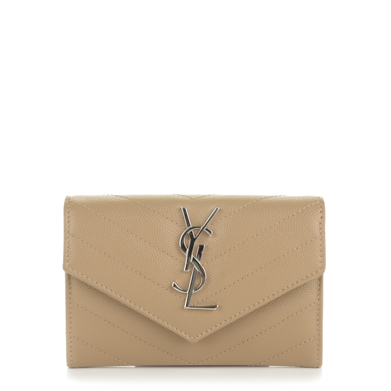 Saint Laurent Grain De Poudre Matelasse Chevron Small Monogram Envelope Wallet Dark Beige 1 of 8