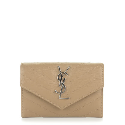 Saint Laurent Grain De Poudre Matelasse Chevron Small Monogram Envelope Wallet Dark Beige 1 of 8