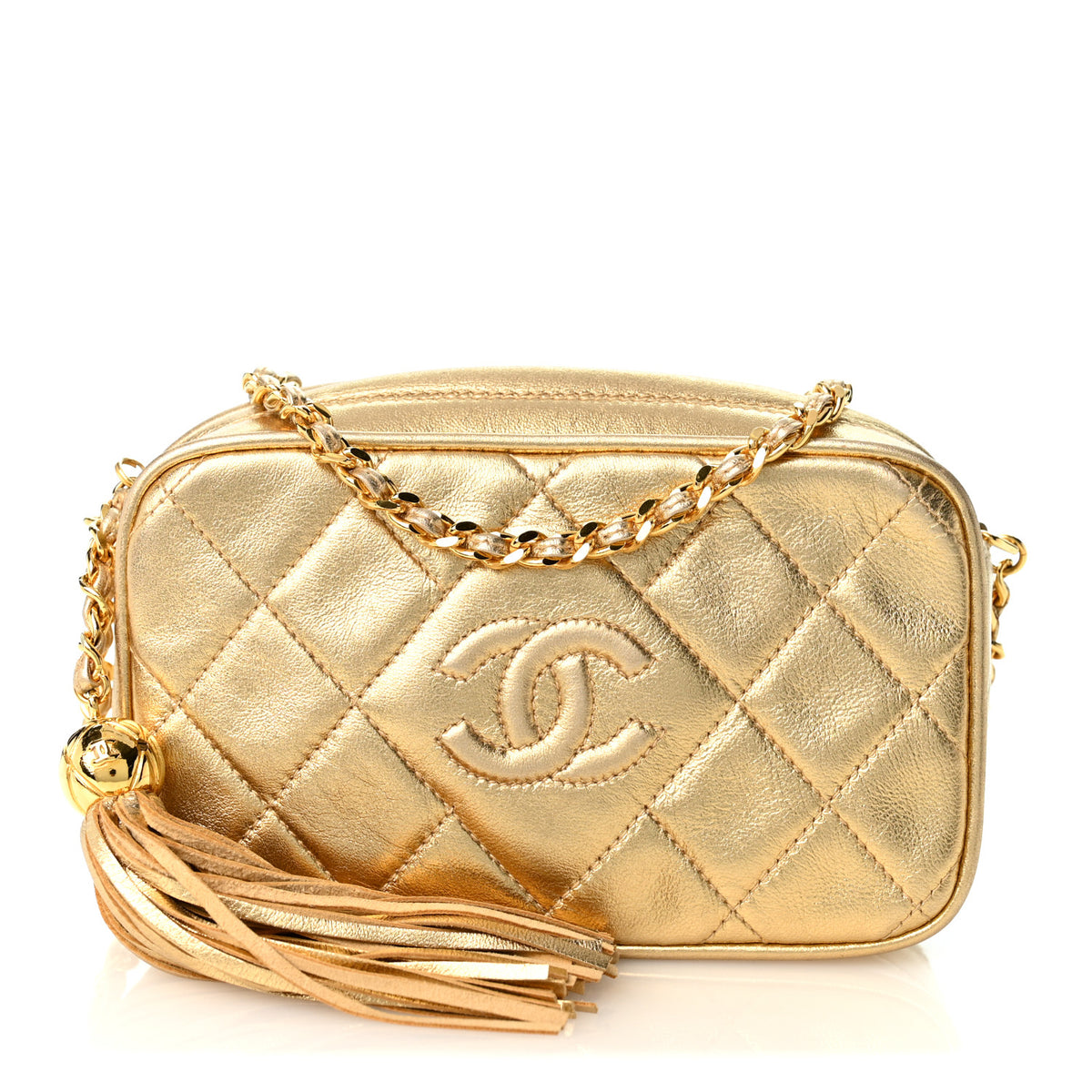 Metallic Lambskin Quilted Camera Case Gold