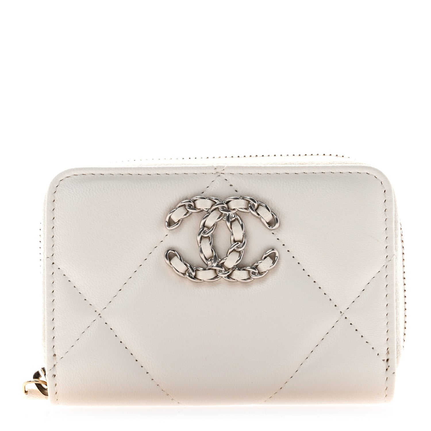 Chanel Lambskin Quilted Chanel 19 Zip Around Coin Purse Wallet White 1 of 7