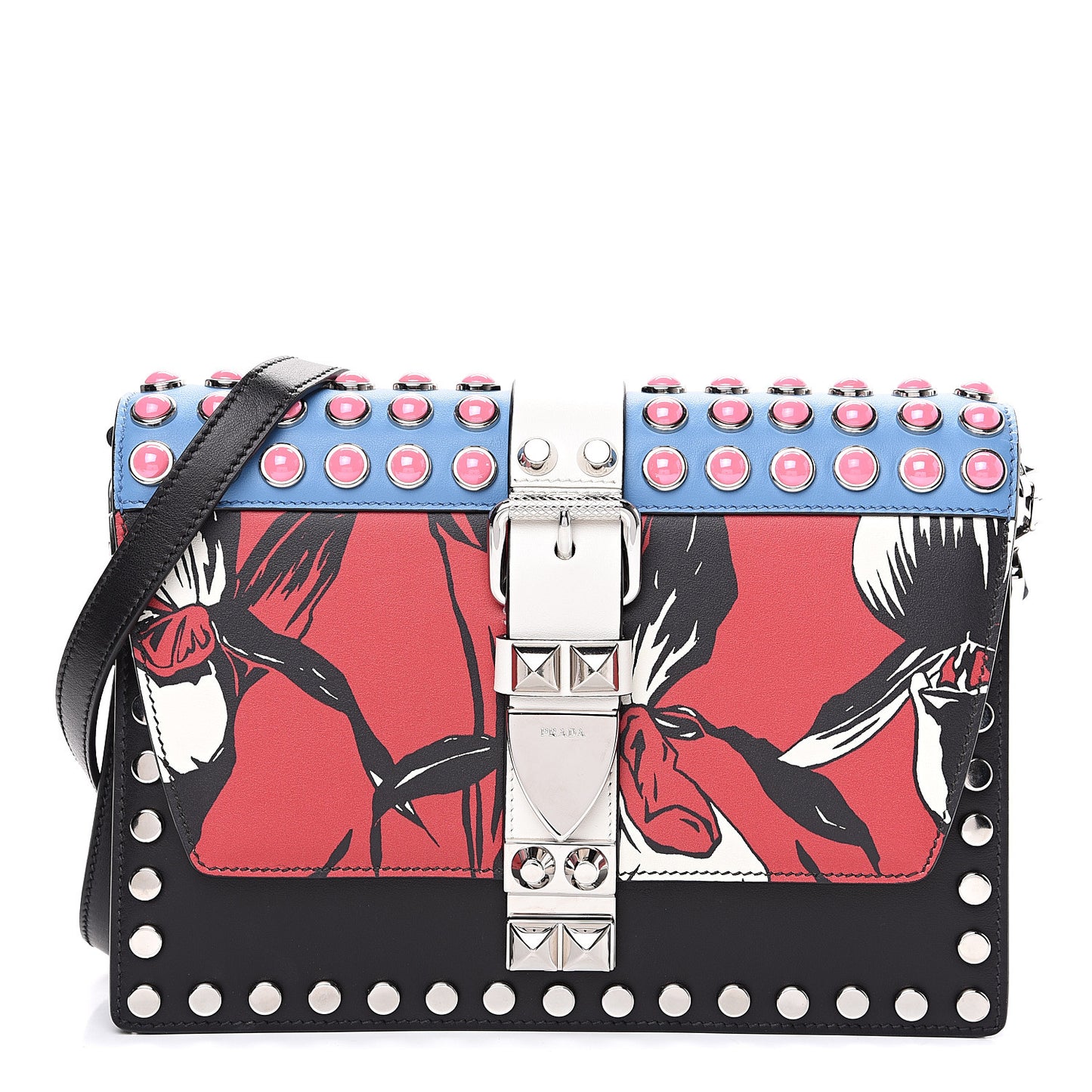 City Calfskin Orchid Print Studded Elektra Shoulder Bag Fuoco Black