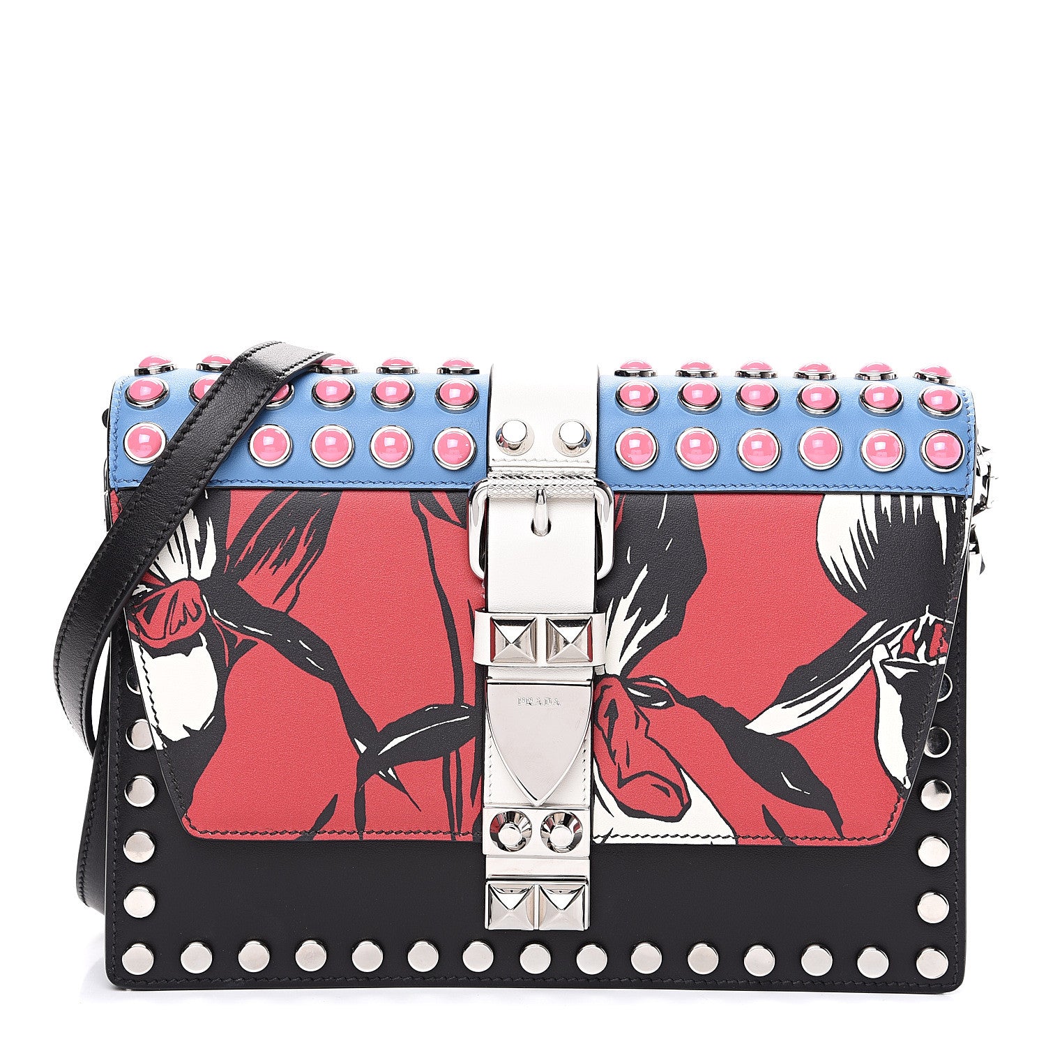 Prada City Calfskin Orchid Print Studded Elektra Shoulder Bag Fuoco Black 1 of 11