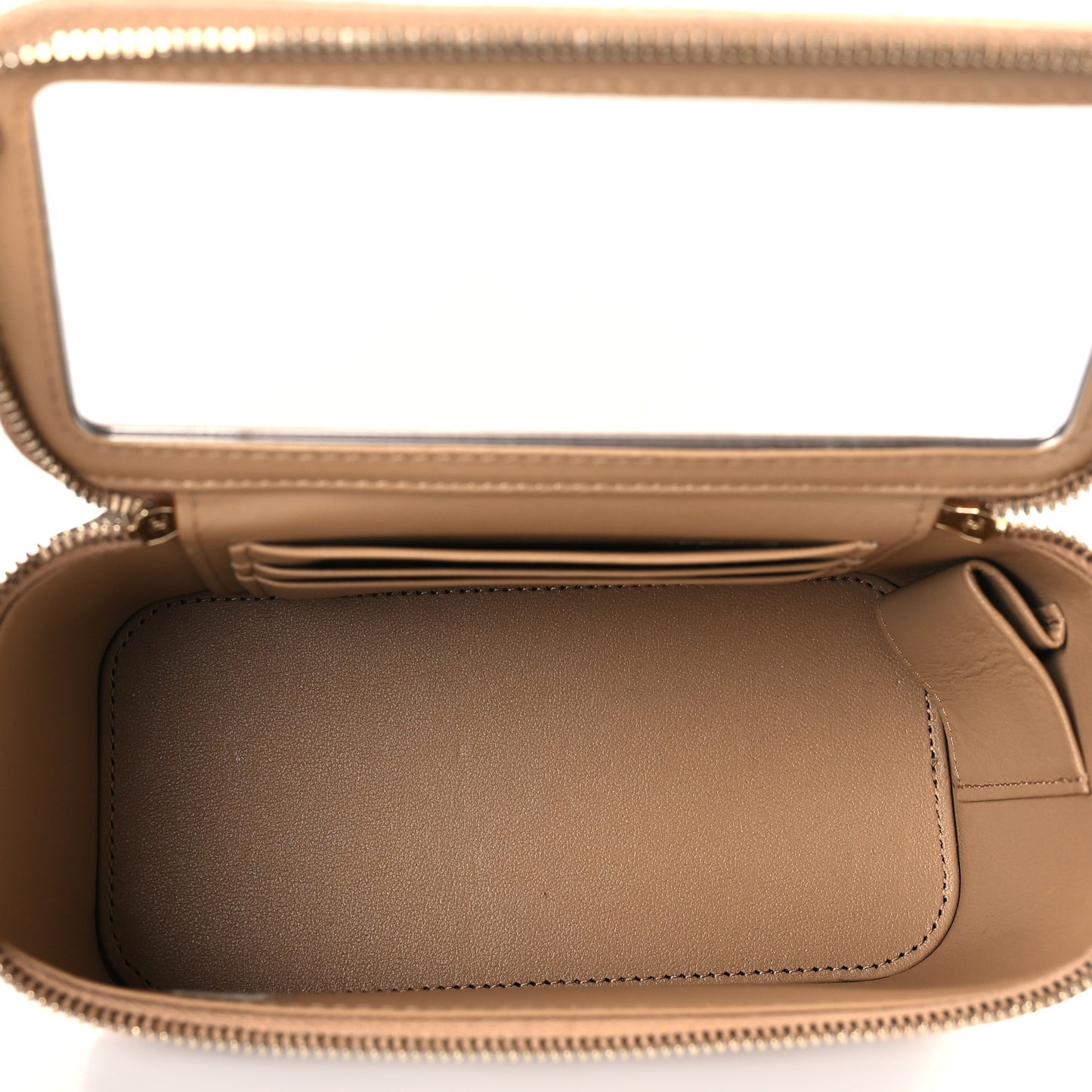 Lambskin Quilted Metal Small Top Handle Vanity Case With Chain Beige