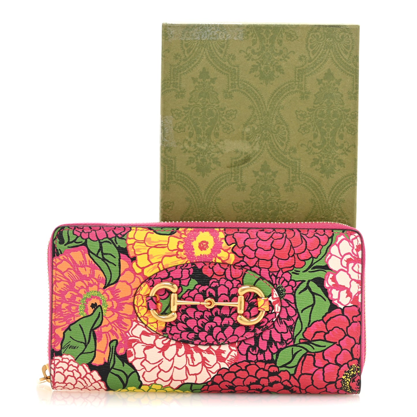 X KEN SCOTT Shangai Calfskin Pomponica Print Horsebit 1955 Zip Around Wallet Multicolor Fuxia Pompon
