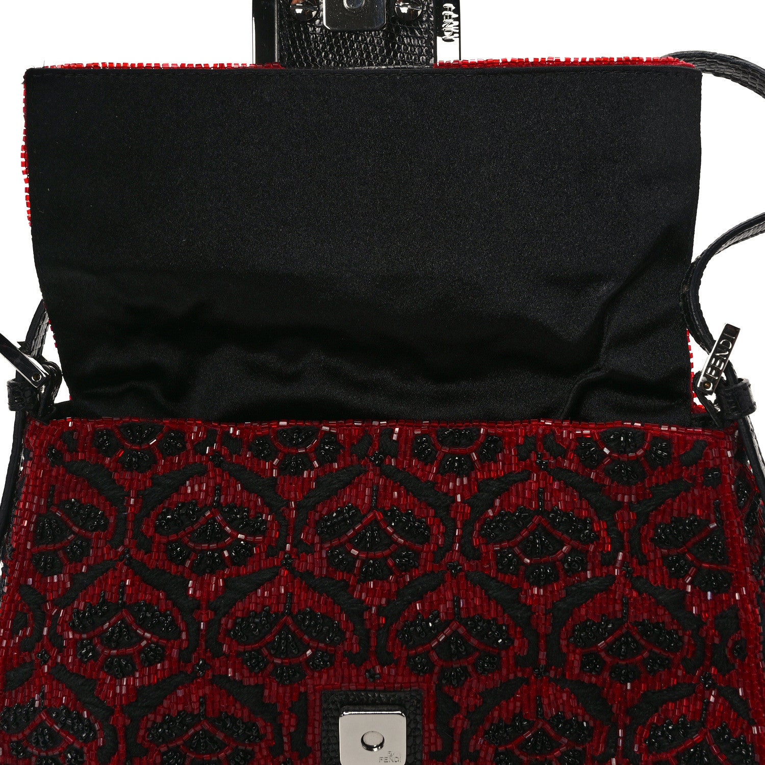 Fendi Embroidered Lizard Beaded Mini Mama Baguette Black Red 12 of 13
