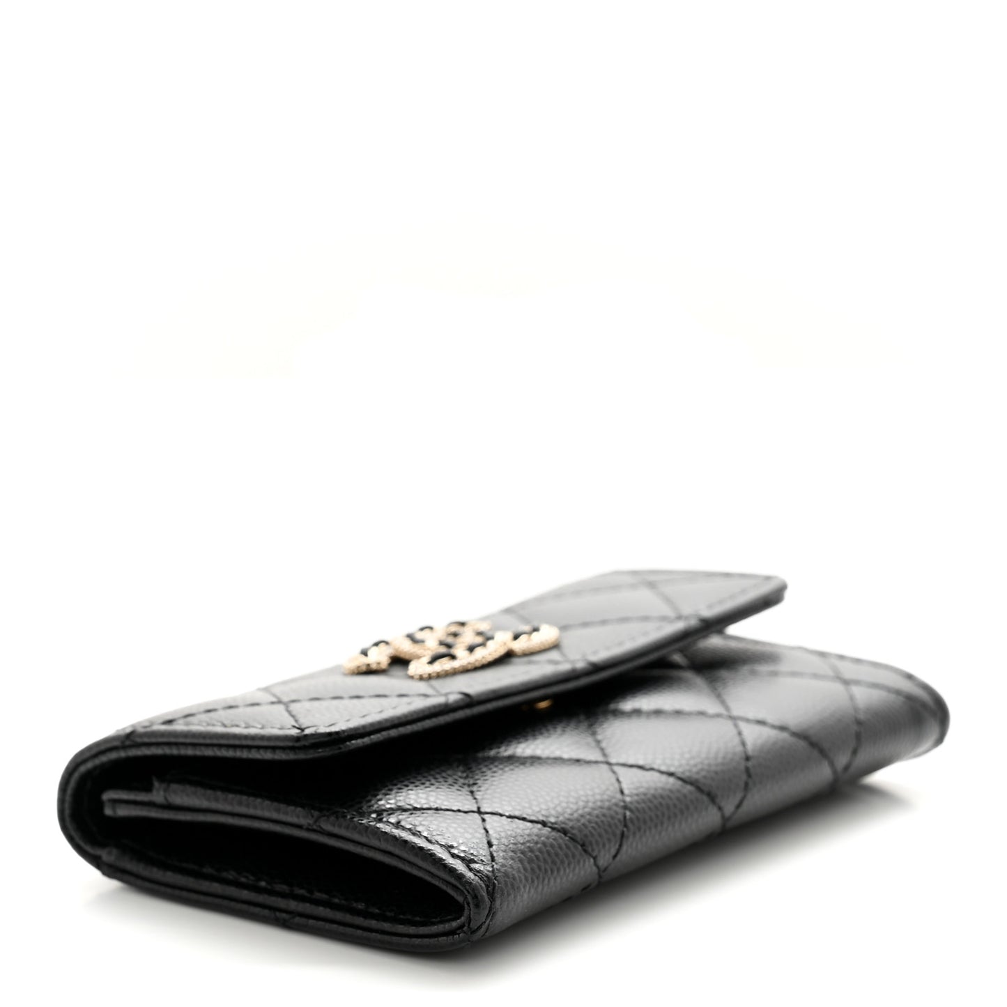 Caviar Quilted Crystal CC Flap Card Holder Black