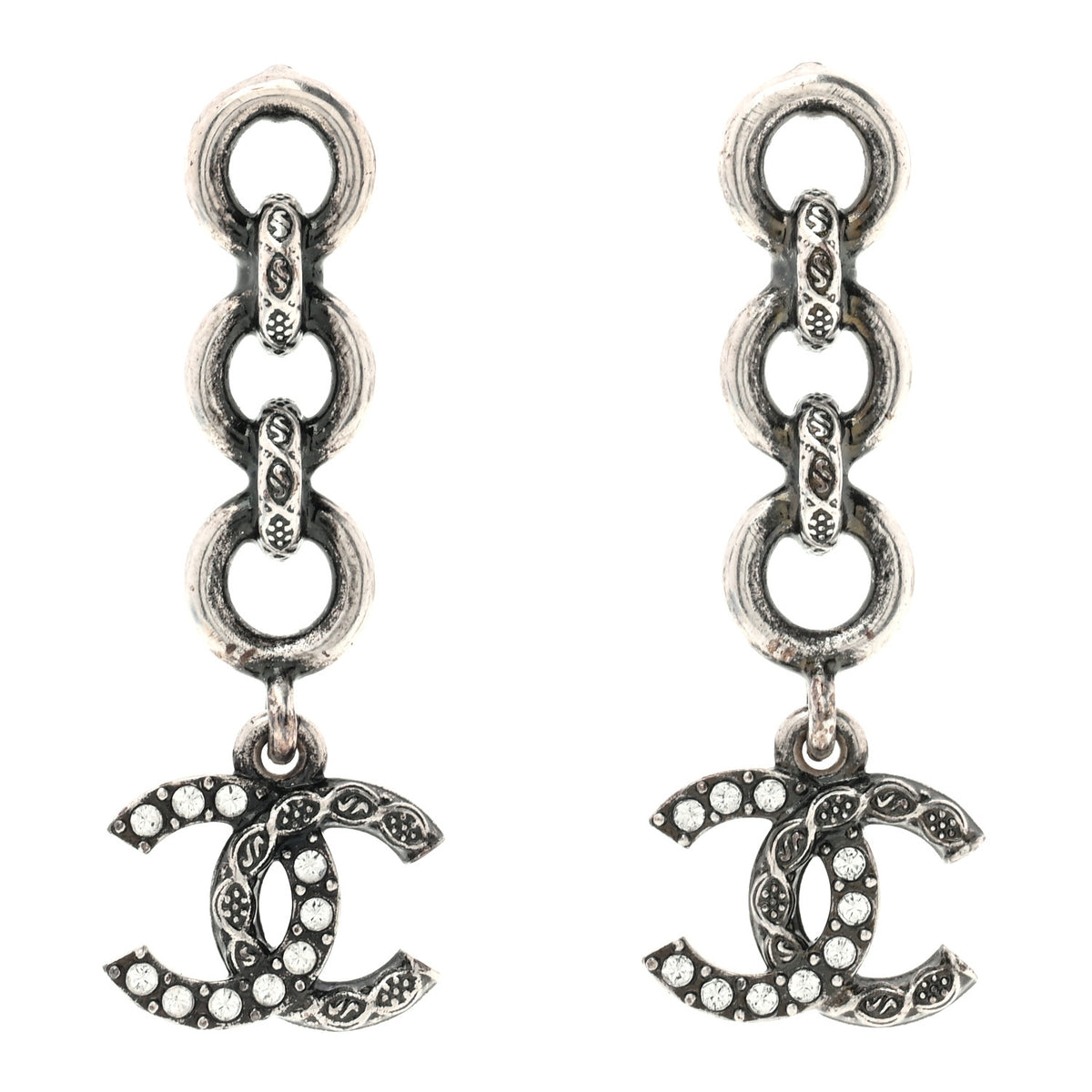 Chanel Crystal CC Chain Drop Earrings Silver 1 of 4