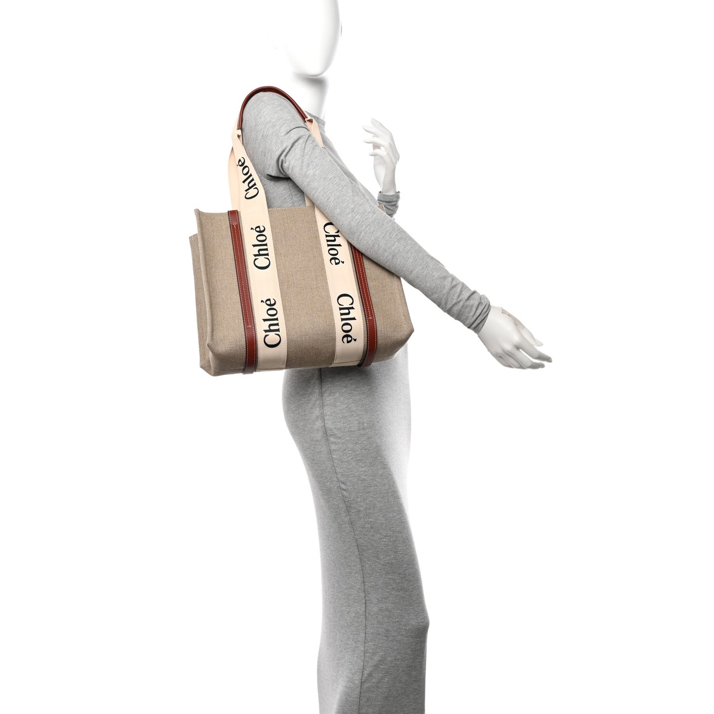 Linen Calfskin Medium Woody Ribbon Tote White Brown