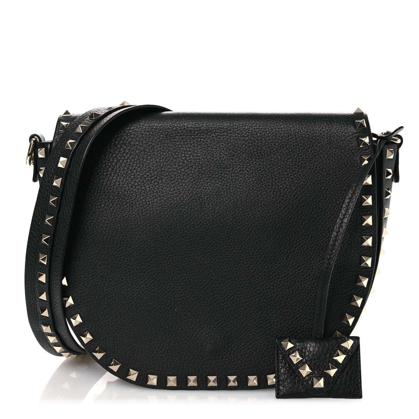 Grained Calfskin Rockstud Saddle Bag Black