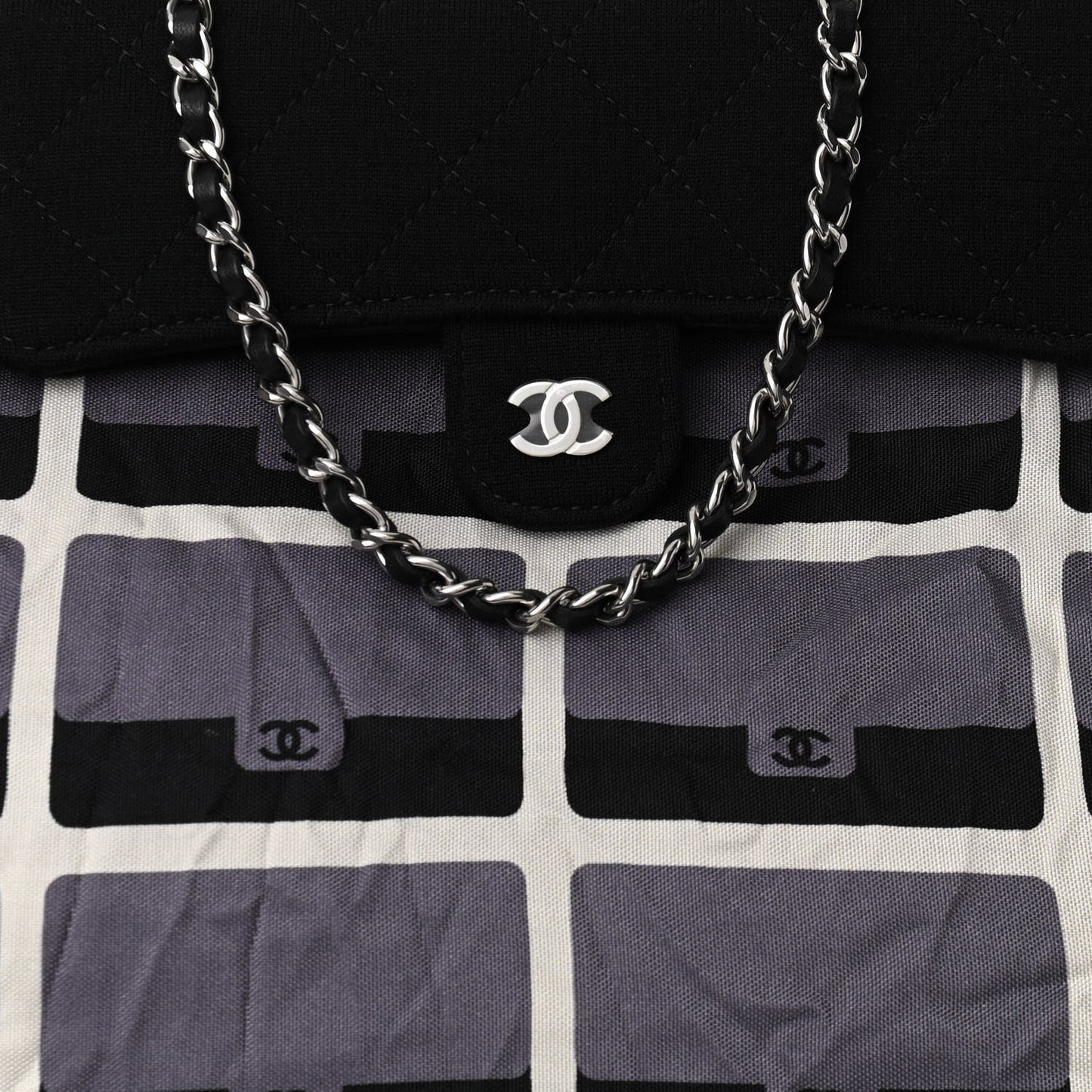 Jersey Fabric Quilted Foldable Tote With Chain Black Multicolor