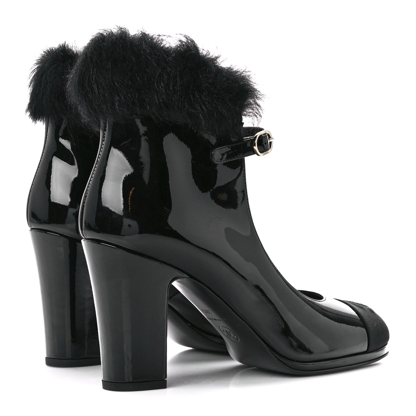 Patent Shearling Lambskin Cap Toe Mary Jane Pumps 38.5 Black