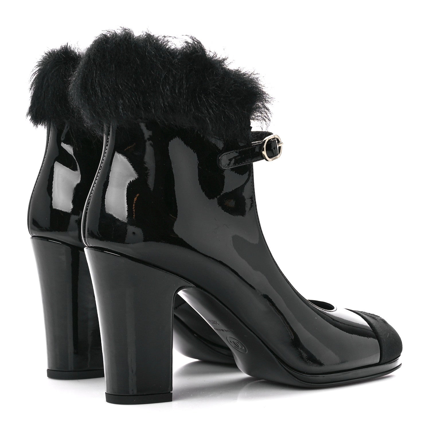 Chanel Patent Shearling Lambskin Cap Toe Mary Jane Pumps 38.5 Black 4 of 9