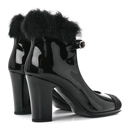 Chanel Patent Shearling Lambskin Cap Toe Mary Jane Pumps 38.5 Black 4 of 9